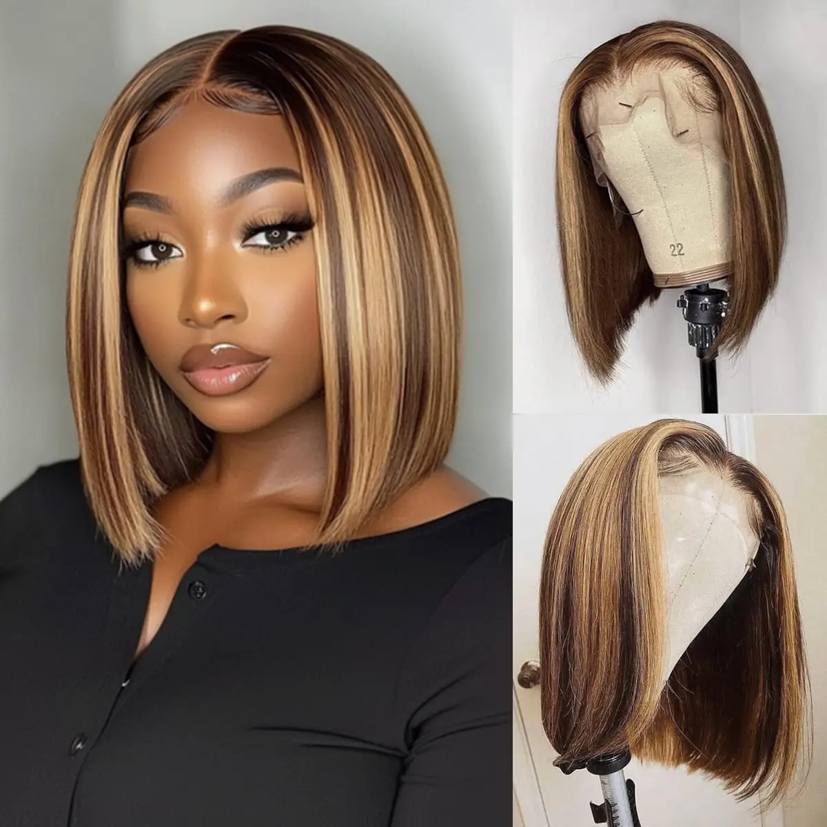 Short Bob Wig For Black Women 4/27 Highlight Ombre Bob Wig Straight Bob Lace Front Wig 14 inch 180% Density Bob Wig Human Hair