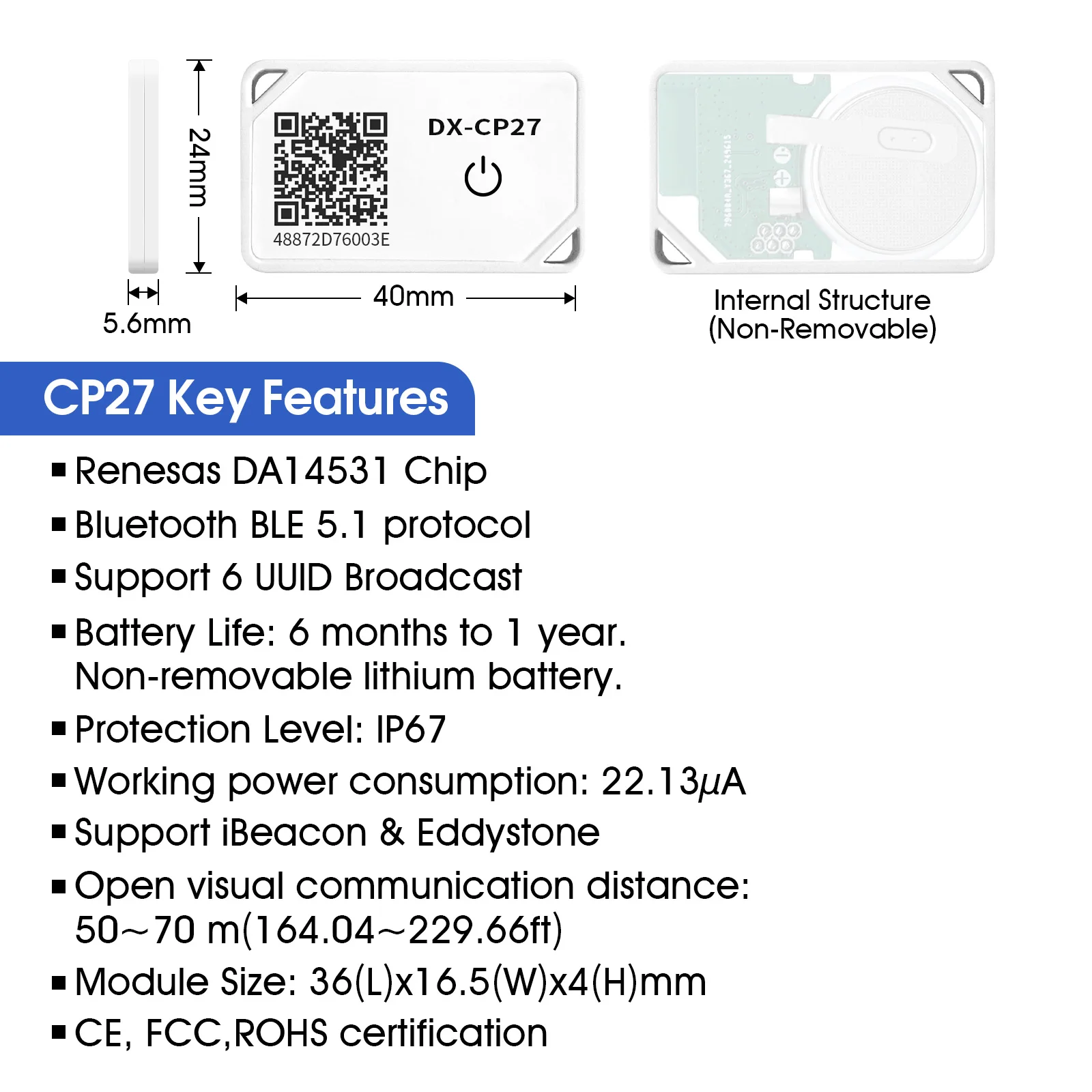 DX-IOT Wireless Eddystone più piccolo Mini formato iBeacon DA14531 BLE 5.1 Tag Tracker Posizione Faro Bluetooth con IP67 Impermeabile