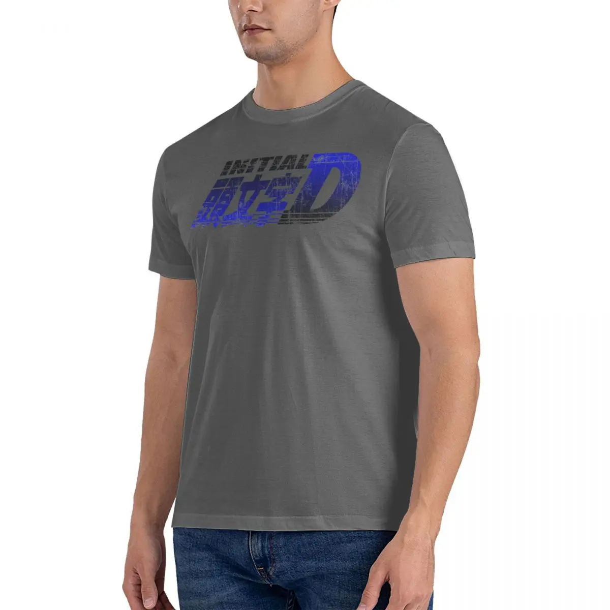 Initial D Gradient Blue Sticker T Shirts Men 100% Cotton Novelty T-Shirt O Neck Initial D Tees Short Sleeve Clothing Summer