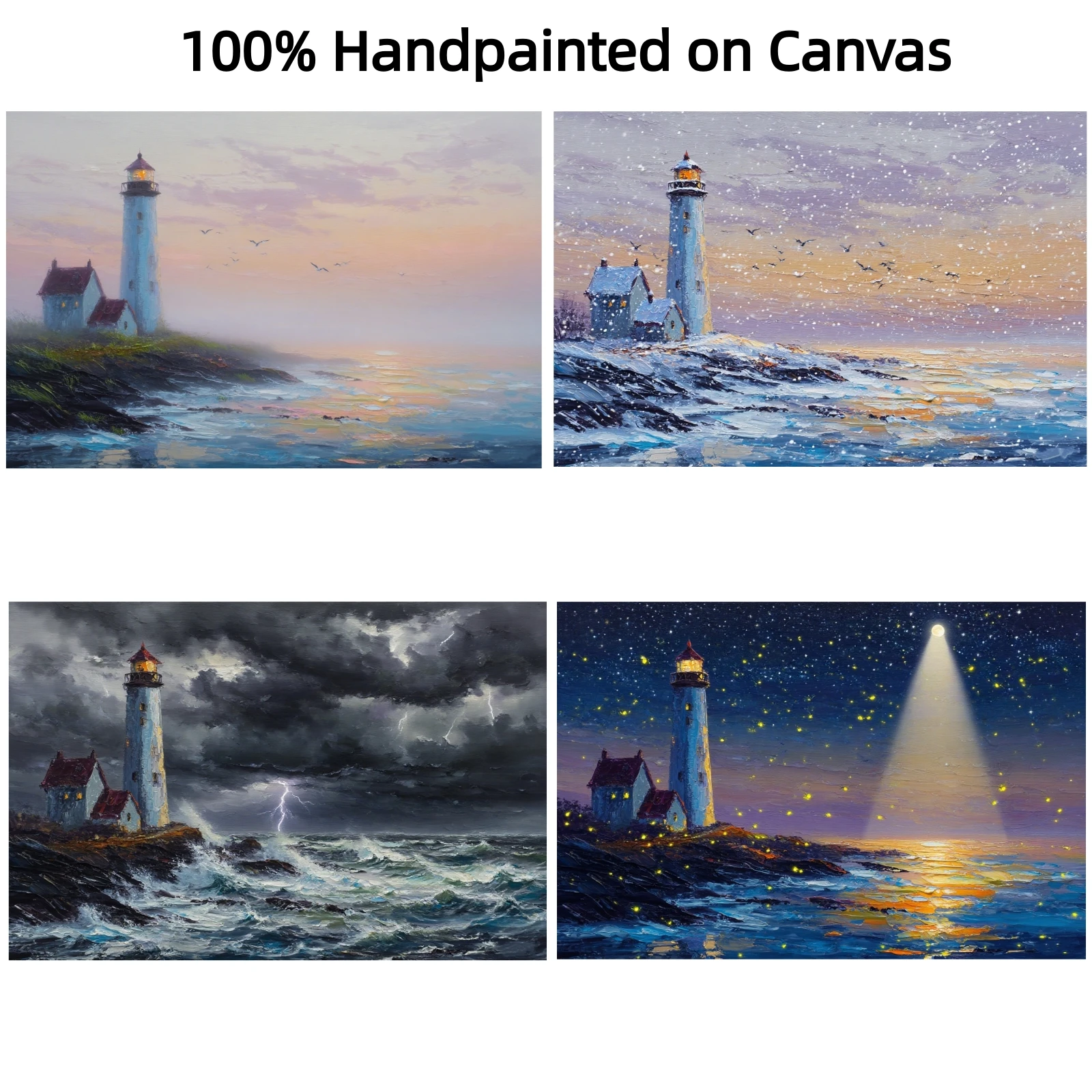Hand-Painted Lighthouse Oil Painting Seascape at Sunrise & Snowy Scene Canvas Art Unframed for Living Room Wall Decor