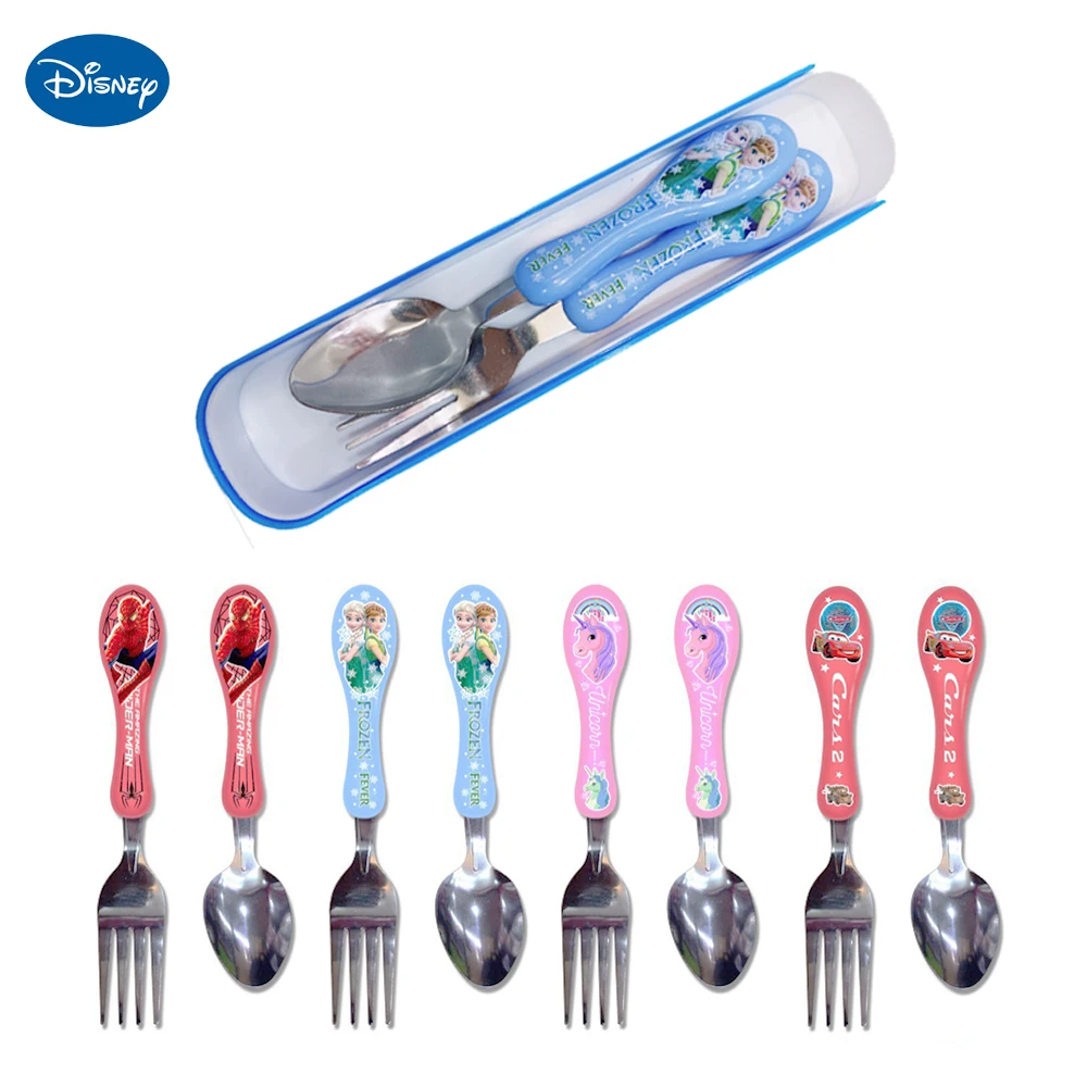 Disney Children\'s Training Chopsticks Spoon Fork Set Frozen Minnie Mickey Cars Spider man Fork Spoon Chopsticks Portable Cutlery