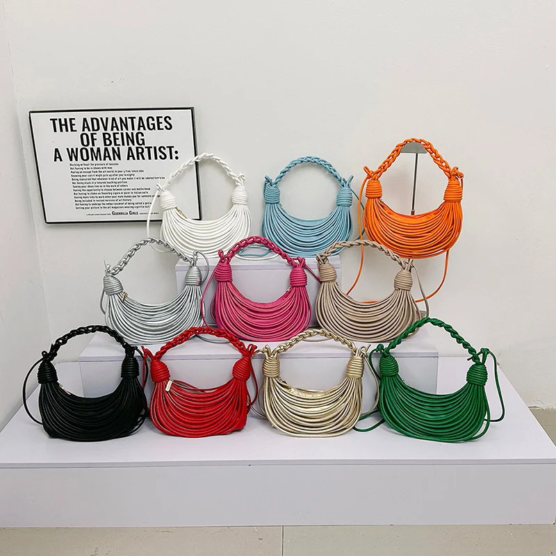 Luxury Women Handwoven Noodle Handbags Rope Knotted Pulled Hobo Half-Moon Bag Designer Brand Colors Shoulder Bags Evening Clutch