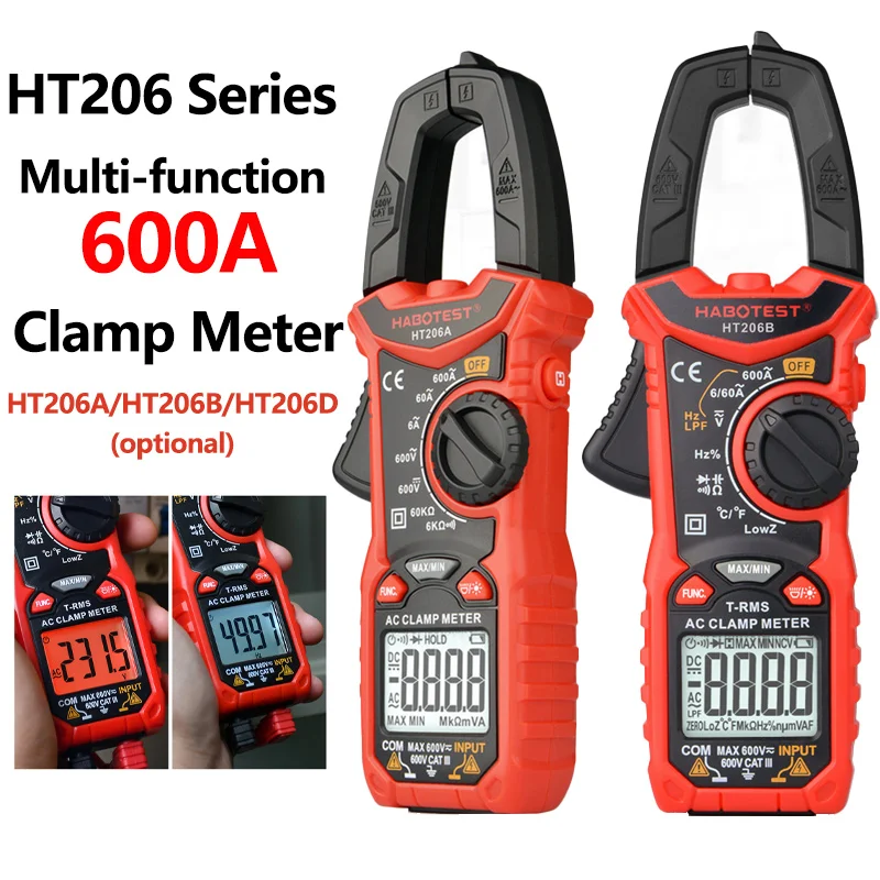 HT206 Pliers Ammeter Amperometric Clamp Meter 600A AC/DC Current Auto Range Multimeter Double Backlight Capacitance Ohm Test