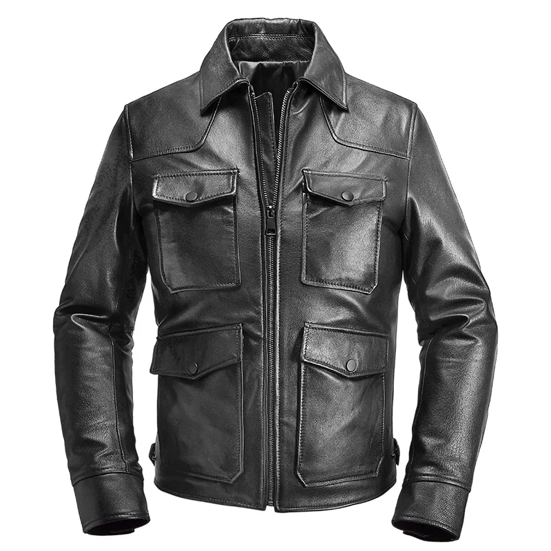 

Genuine Leather Jacket Men's Top Layer Goat Leather Turndown Collar Casual Short Fashion Business Leather Jacket