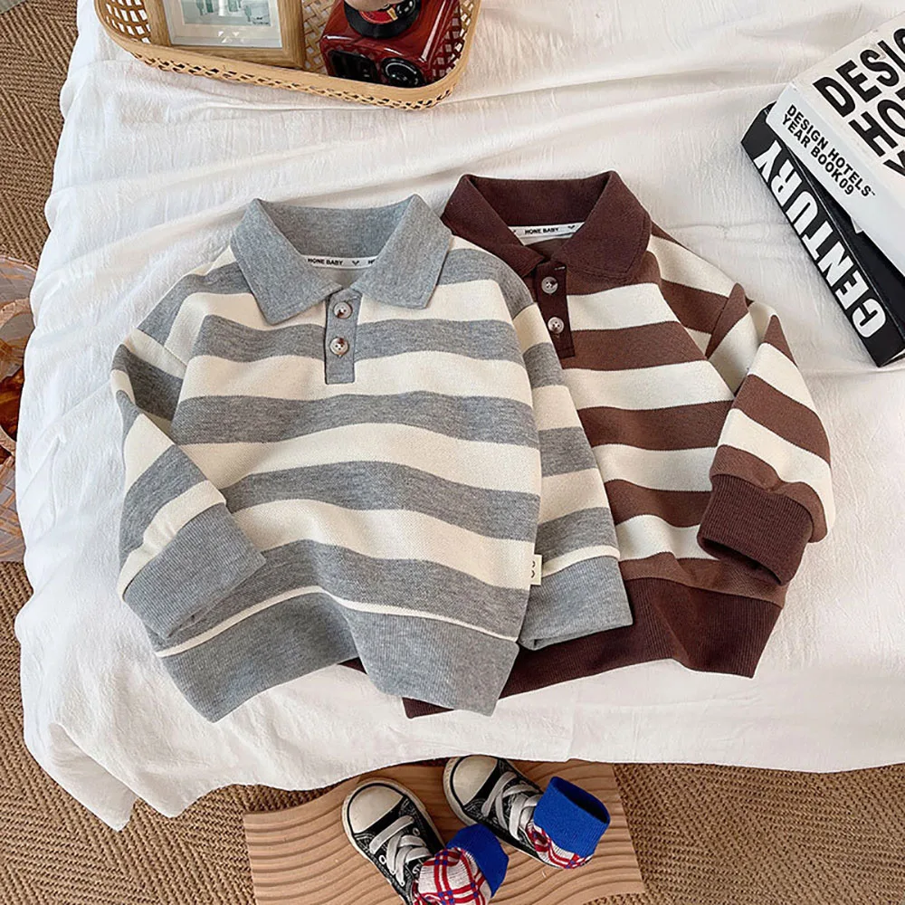 Striped Lapel Kids Hoodie Spring Fall New Long Sleeved Baby Boys Tops Korean Casual Half Cardigan Pullover Clothes For Children