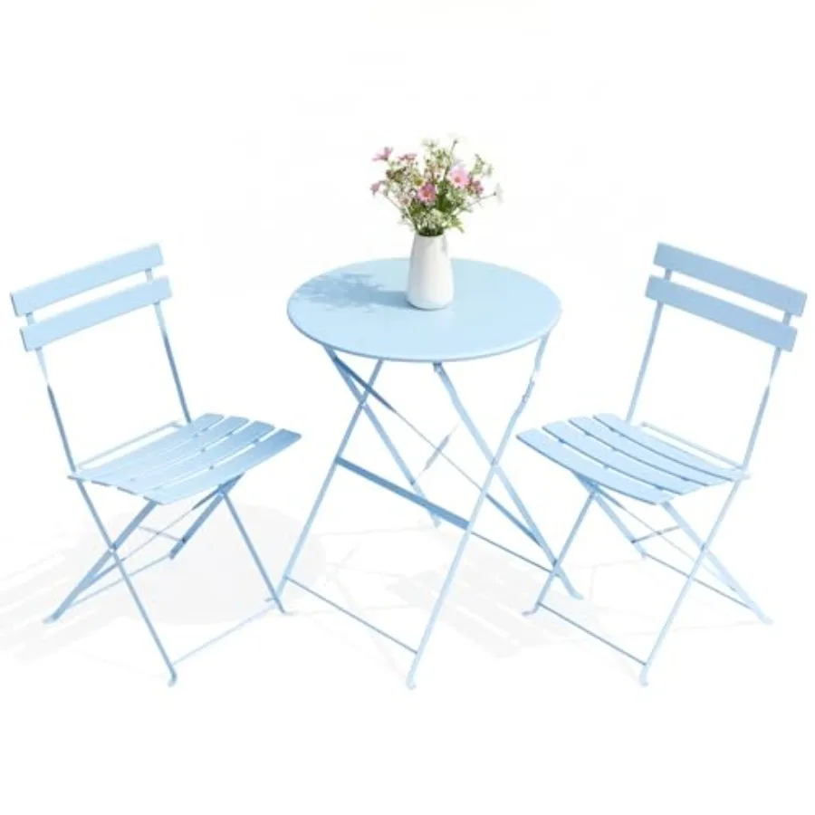 3-Piece Folding Bistro Set for Outdoor, Patio, Garden, Balcony Powder Coated Steel, Blue, Weatherproof Space Saving