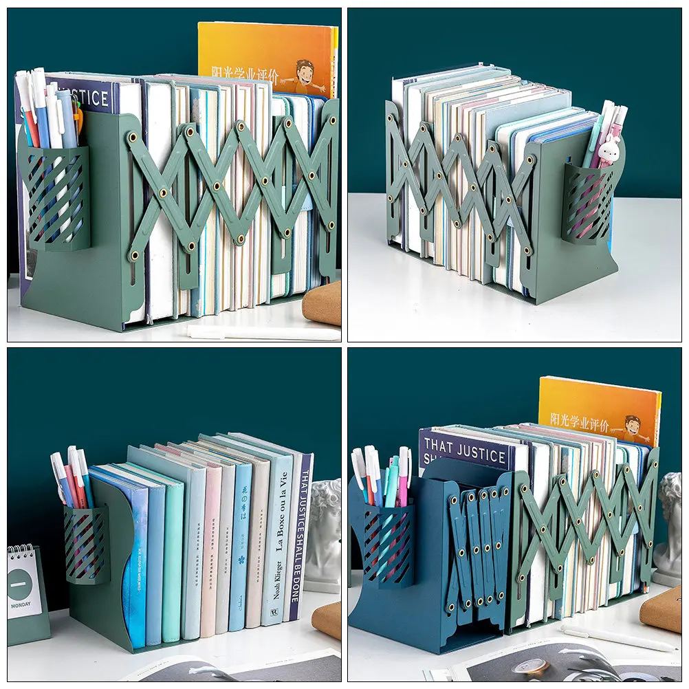 Firm Powder-Coated Metal Bookends Telescopic Folding Design with Pen Holder Desktop Book Stand Book Organizer for Table Shelf