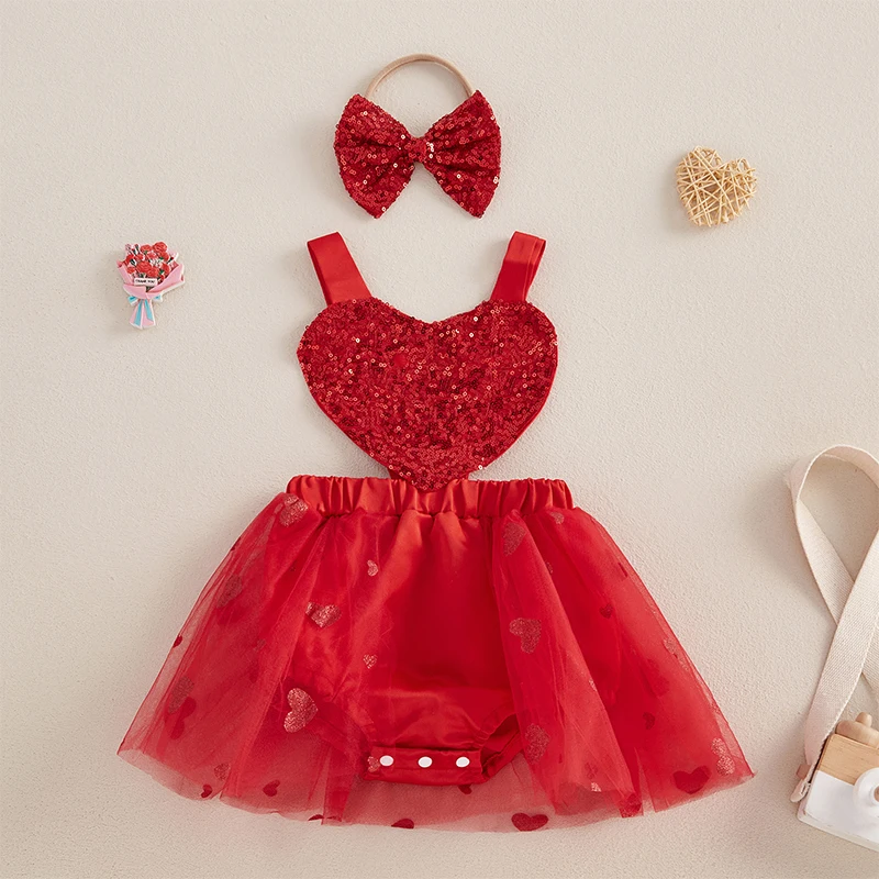 Abito pagliaccetto per bambina Casual San Valentino Cuore con paillettes Tuta senza maniche e fascia per capelli Set Abiti di moda