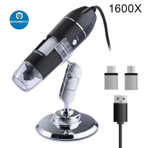 Fotocamera per microscopio digitale 1600X Mini microscopio elettronico USB 3 in1 Type-C con lente d\'ingrandimento per endoscopio a 8 LED per la