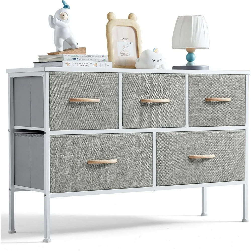 Dresser for Bedroom with 5 Drawers, Fabric Long Dresser, Wide Chest of Drawers, Storage Organizer Unit for Closet, Living Room,