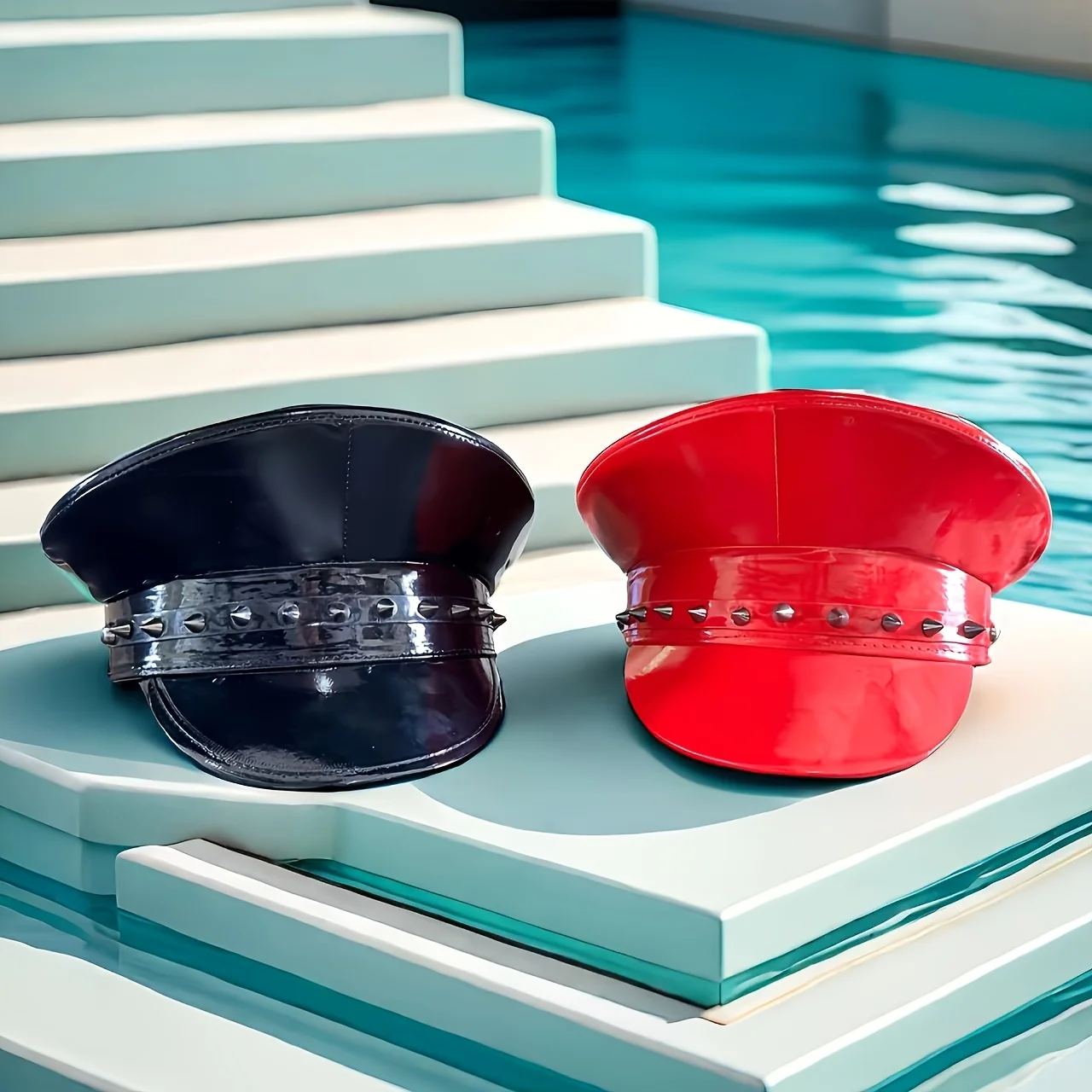 HongLuan  Laser Leather Captain Hat Rhinestone & Military Caps for Woman, Rave Festivals Accessories ＆ Party Cap Man Cosplay Fem