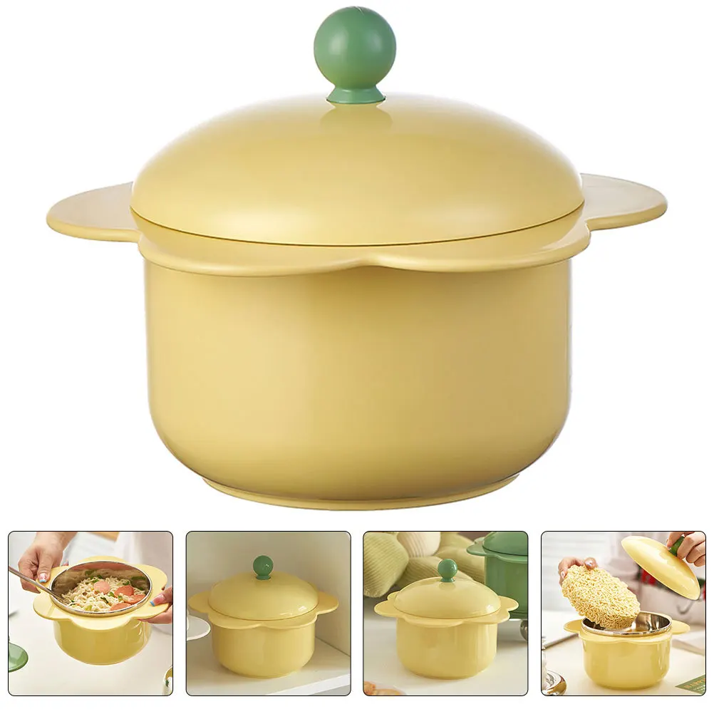 Cuenco de fideos Ramen de acero inoxidable aislado, doble mango, forma de flor, tazón de sopa grande antiescaldaduras, fiambrera con tapa