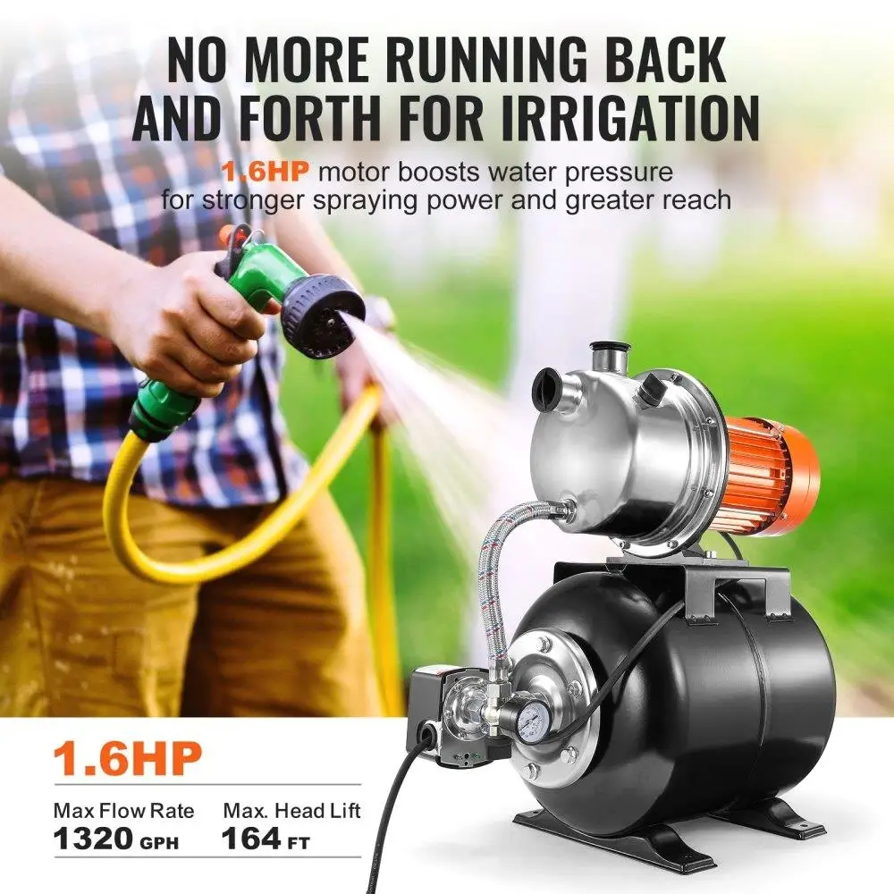 1. High Efficiency Shallow Well Pump with Pressure Tank 1320GPH Water Irrigation Booster Pump