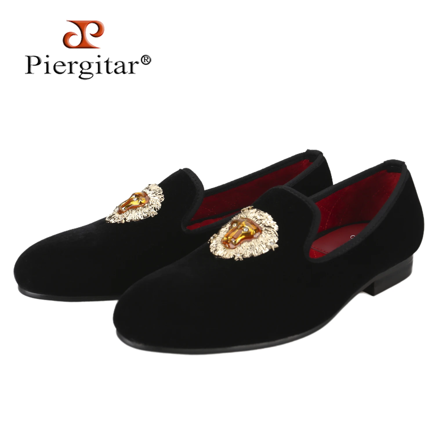 

Piergitar Стразы Голова льва Пряжки Черные бархатные туфли без шнуровки для вечеринок и выпускного вечера Мужские лоферы ручной работы размера плюс