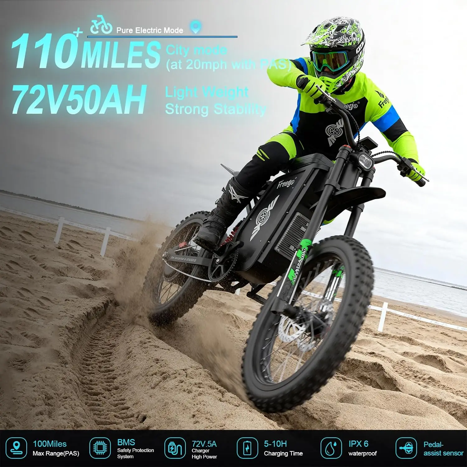 Freego X3Pro Electric Mountain Bike 8000W Motor 72V 50Ah Battery Up to 56MPH Electric Dirt Bike 19x2.7” Tires Electric Bicycle