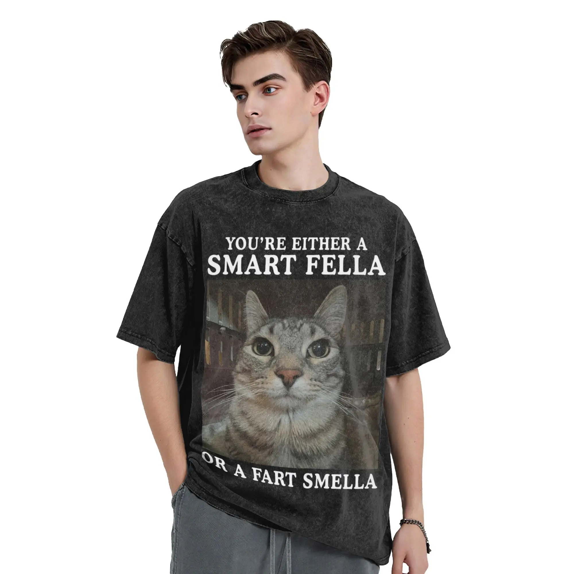 You're Either A Smart Fella Or A Fart Smella Cat Meme Washed T Shirt Streetwear Hip Hop T-Shirts Tee Shirt for Men Oversize