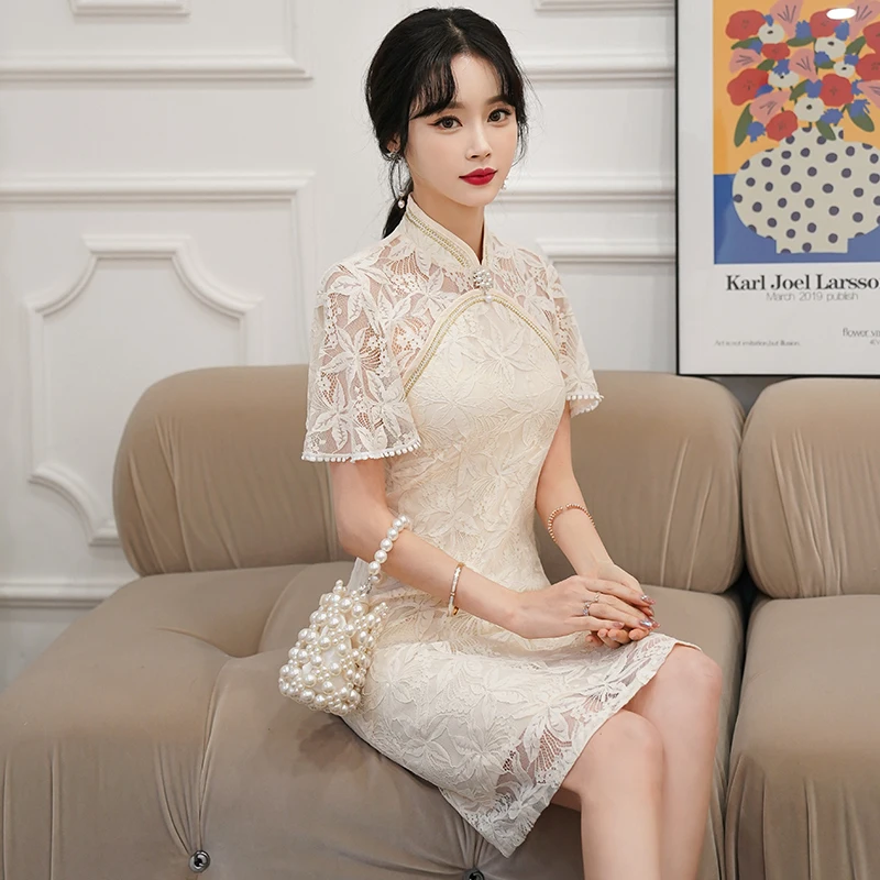 Chinese Traditiona Vintage Lace Improved Cheongsam Summer Short Sleeve Qipao Dress Modern Women Clothes