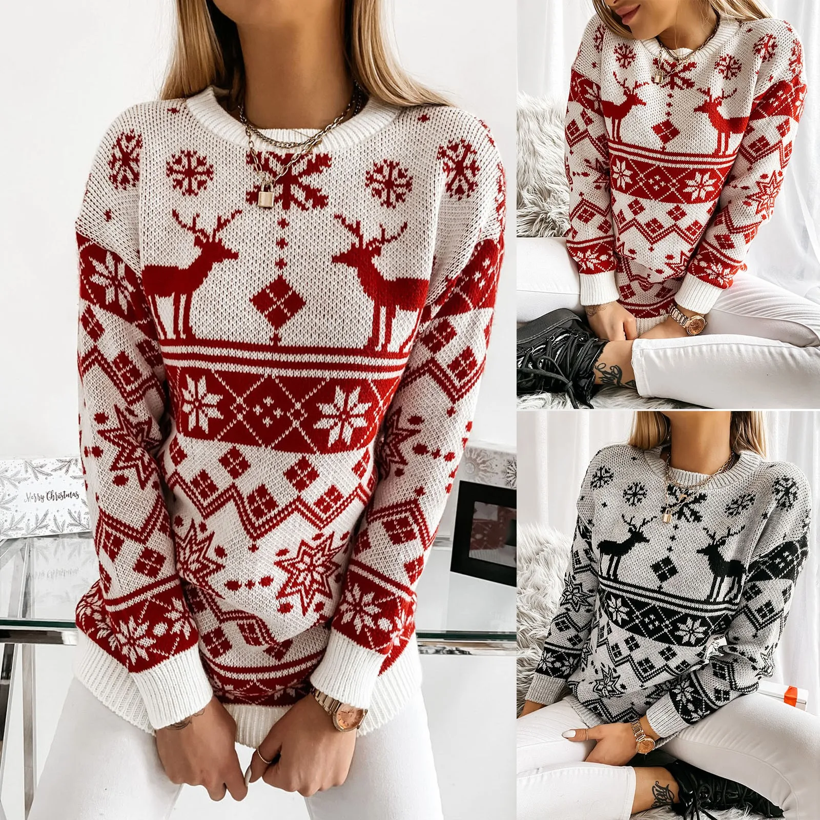 Family Christmas Sweater Winter Snowflake Print Warm Long Sleeve Round Neck Pullovers Knitted Tops Parent Child Outfit Tops