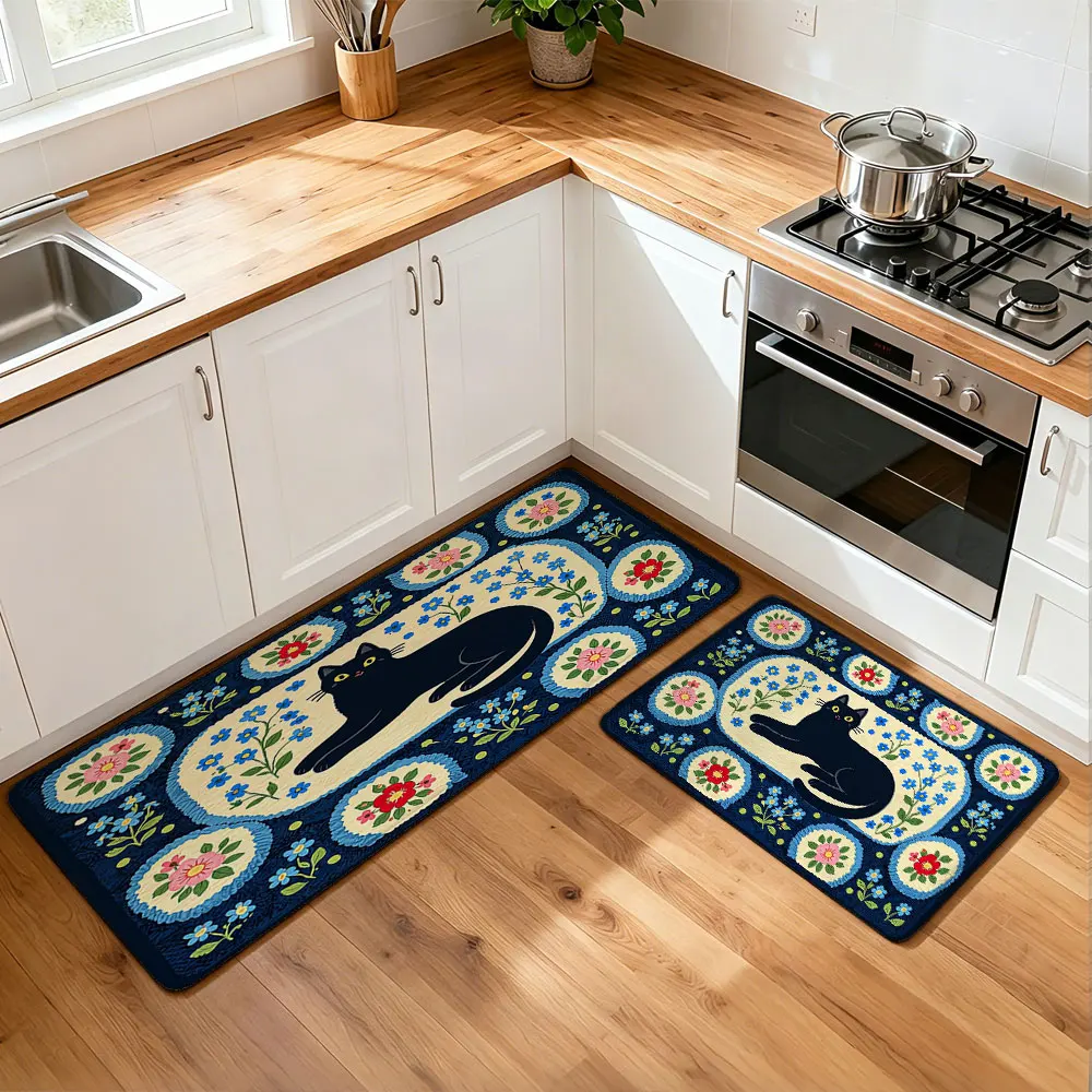 2pc Cartoon Kitten Print Washable Anti Slip Kitchen Floor Mat Felt Dot Plastic Flannel Kitchen Decoration Fashionable Carpet