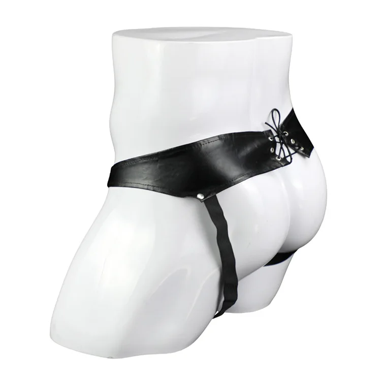 Men's Erotic Jockstrap Panties Gay Sexy PU Leather Rivet Breathable Tied Rope Thong Open Buttocks Bulge Pouch Mesh Hole Lingerie