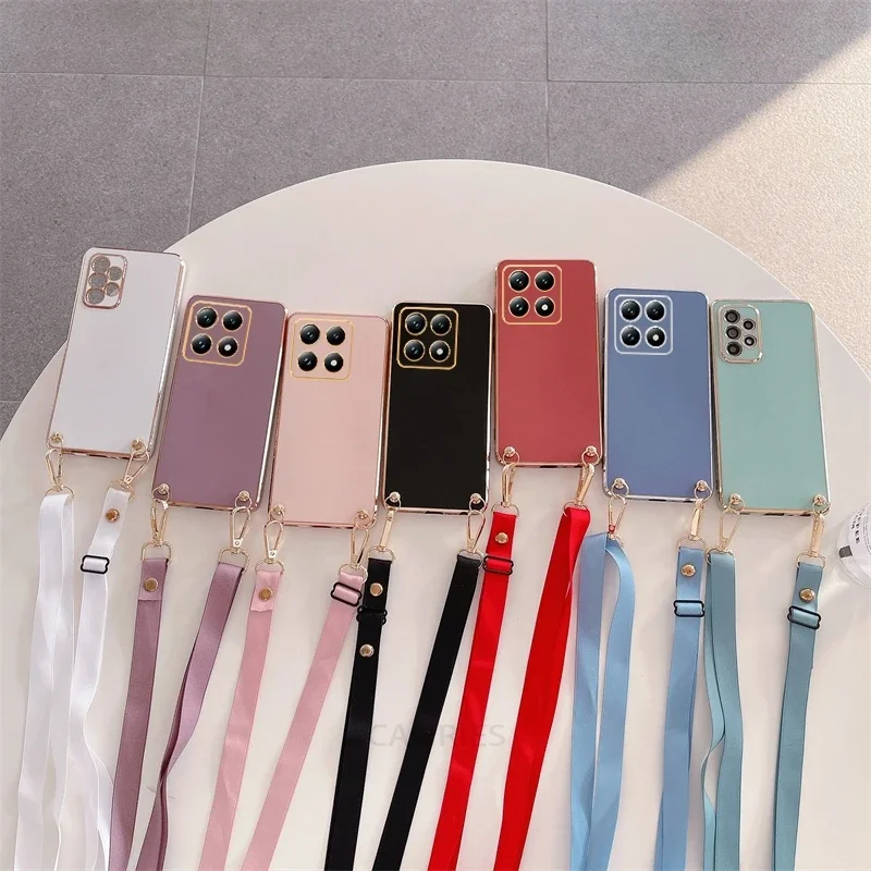 

Mi14t 14tpro Luxury Crossbody Lanyard Plating Case For Xiaomi Mi 14t Pro 5g Women Cord Soft Silicone Back Cover Xiaomi14t 14tpro