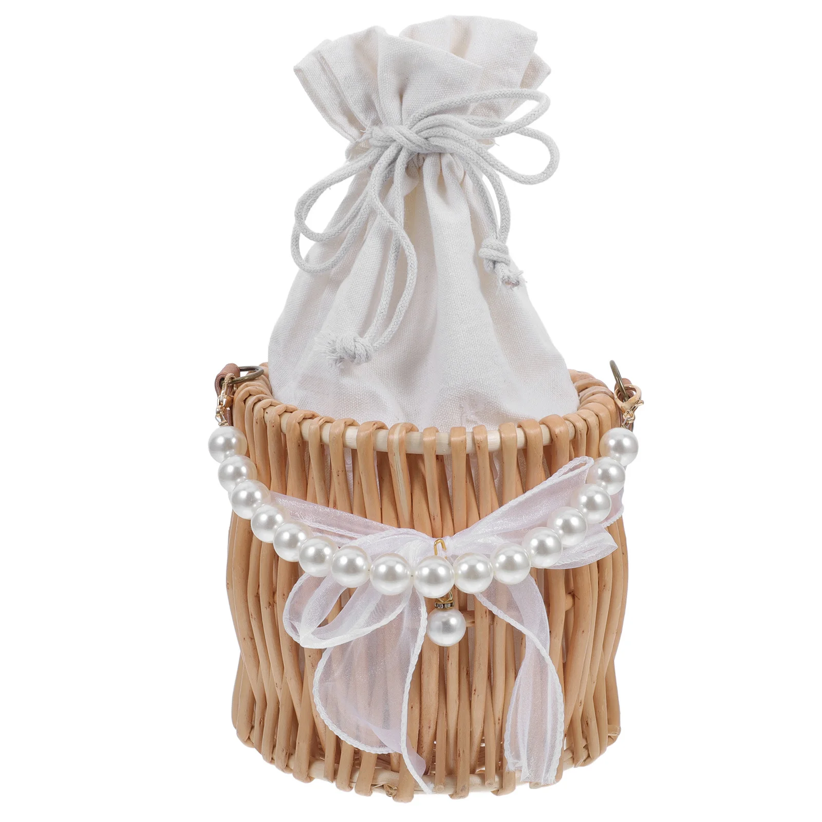 

Woven Basket Imitation Pearl Handle Bowknot Decor Rustic Fruit Vegetable Storage Picnic Basket Home Decoration