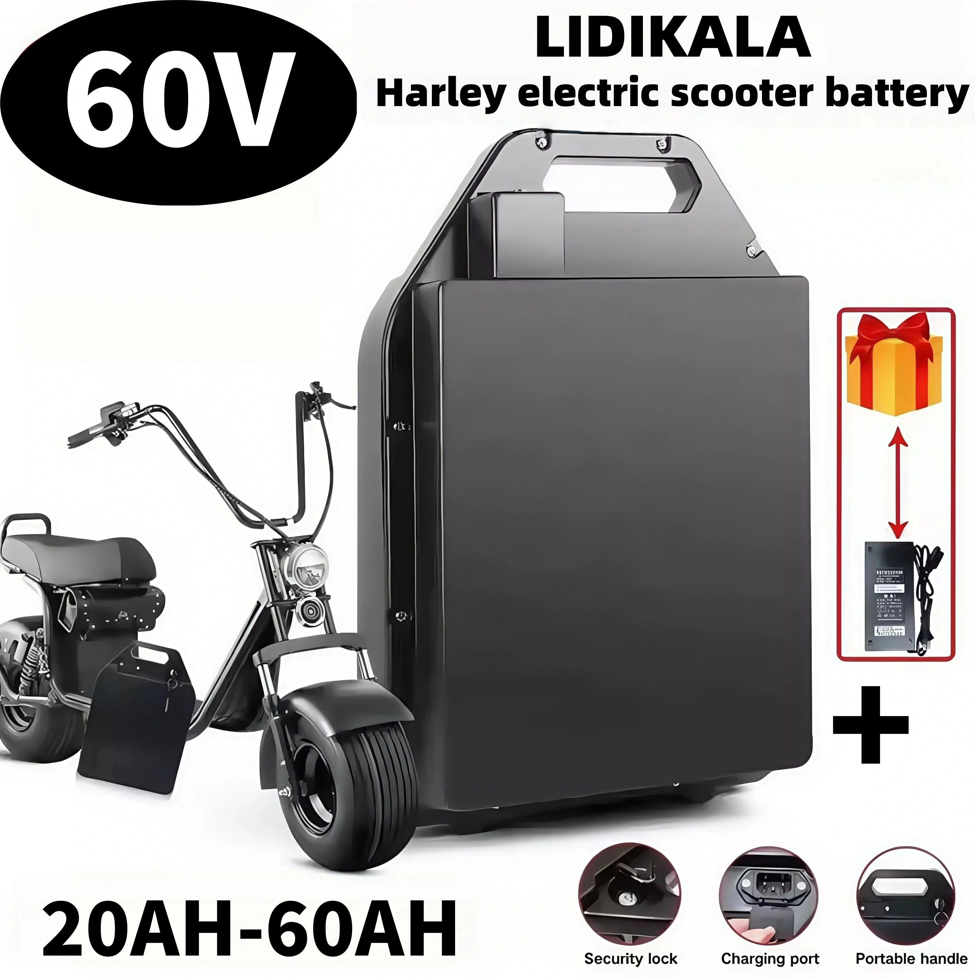 LIDIKALA 60V 20Ah-60Ah Lithium-Ionen-Akku mit integriertem BMS 2000W für Harley-Style Citycoco faltbaren zweirädrigen Elektroroller E-Motorrad, kostenloses Ladegerät, schnelle EU-Lieferung,