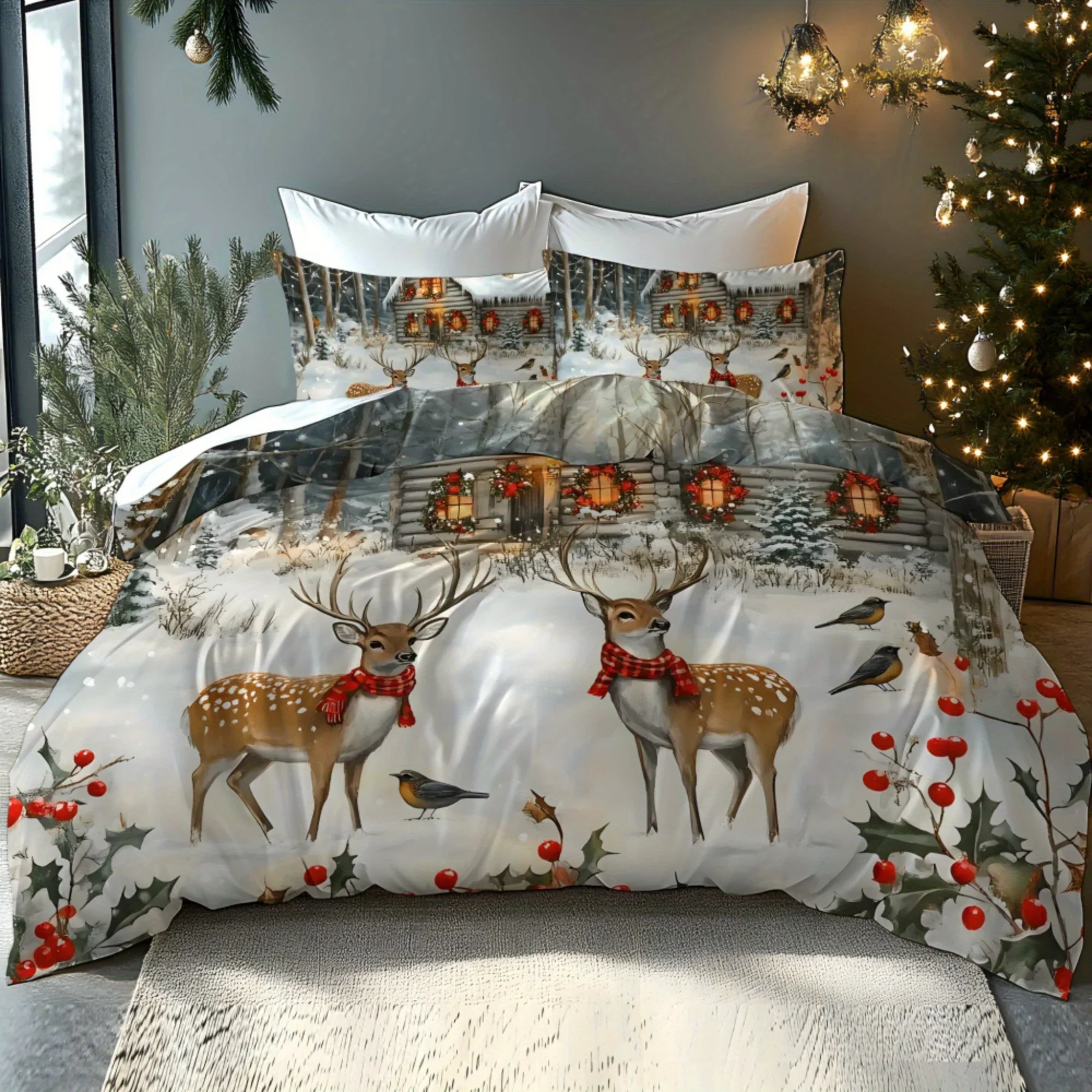 Christmas Santa Claus Sleigh Reindeer Snowman Snowflake Gift Pattern Soft Digital Printing Quilt Cover Kit Bedding