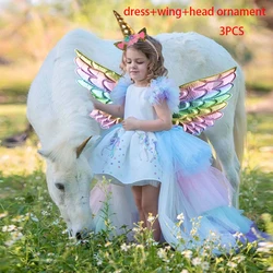 Girls Unicorn Colorful Cosplay Party Dress Kids 3pcs Special Carnival Pageant Dresses Girl Bow Trailing Princess Gown Young Wear