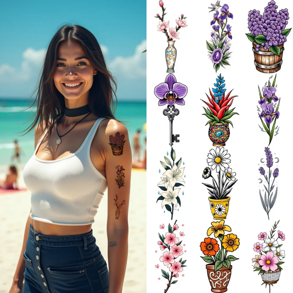 

28pcs Temporary Tattoo Waterproof Long-lasting Body Stickers Floral Tattoo Pink Peony Hourglass With Flowers For Arms Adults