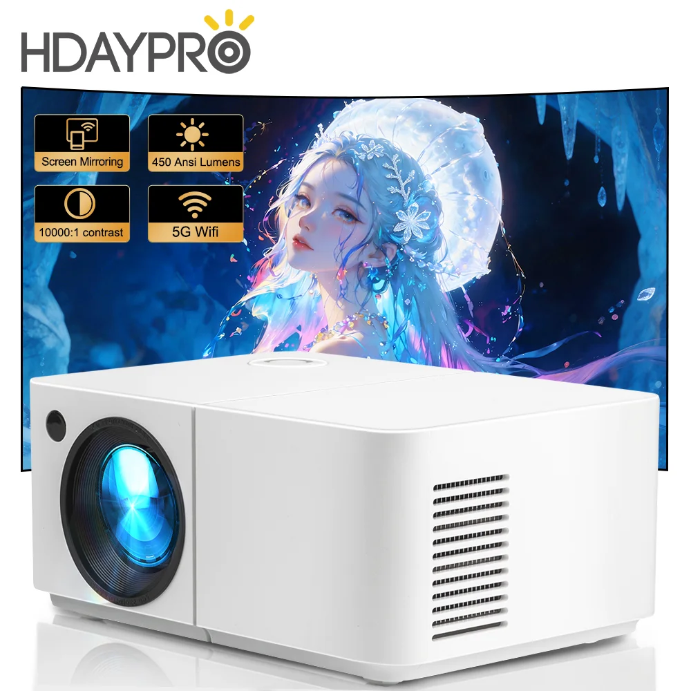 HD300 Mini Projector 4K Full HD 1080P 450ANSI Smart 5G WiFi BT Smart Home Theater Cinema Projector Portable Movie Video Beamer