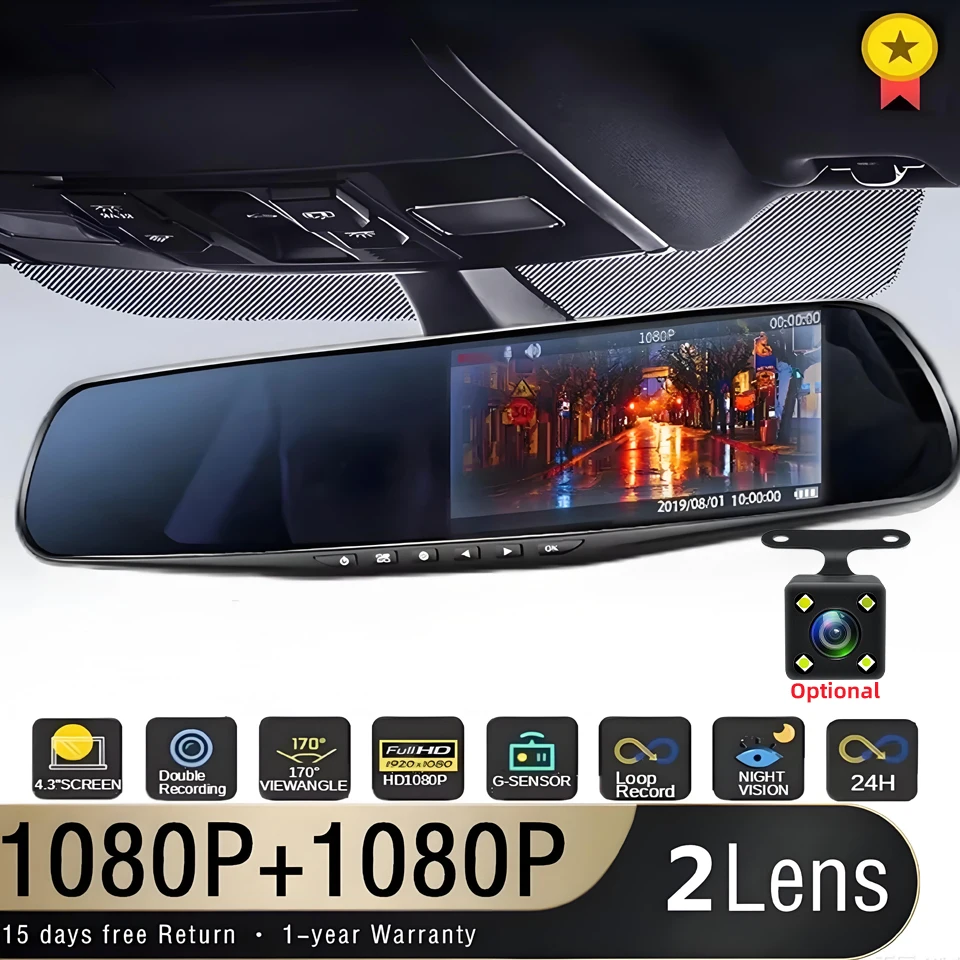 4.3 Inch 1080P Dual camera Dash Cam For Cars Optional 1080P Rear Car Camera Night Vision Loop Recording Wide Angle Car DVR Came