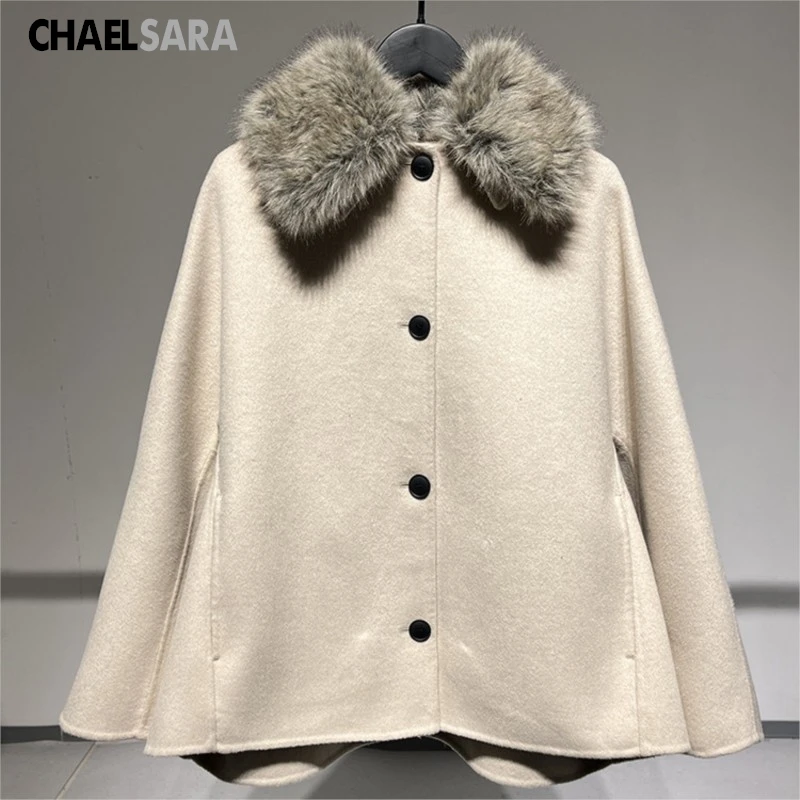 Elegant Women's Wool Blend Coat with Faux Fur Collar - 2026