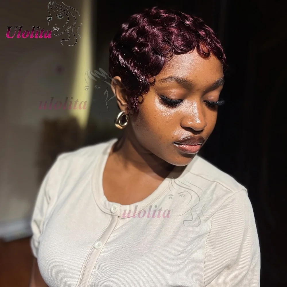 Premium Lockige Pixie-Cut 13x4 Lace Frontal Perücke aus Echthaar 99J 180% Dichte Kurze 6 Zoll geschichtete lockige Perücke ohne Klebstoff für Frauen – Detail 1
