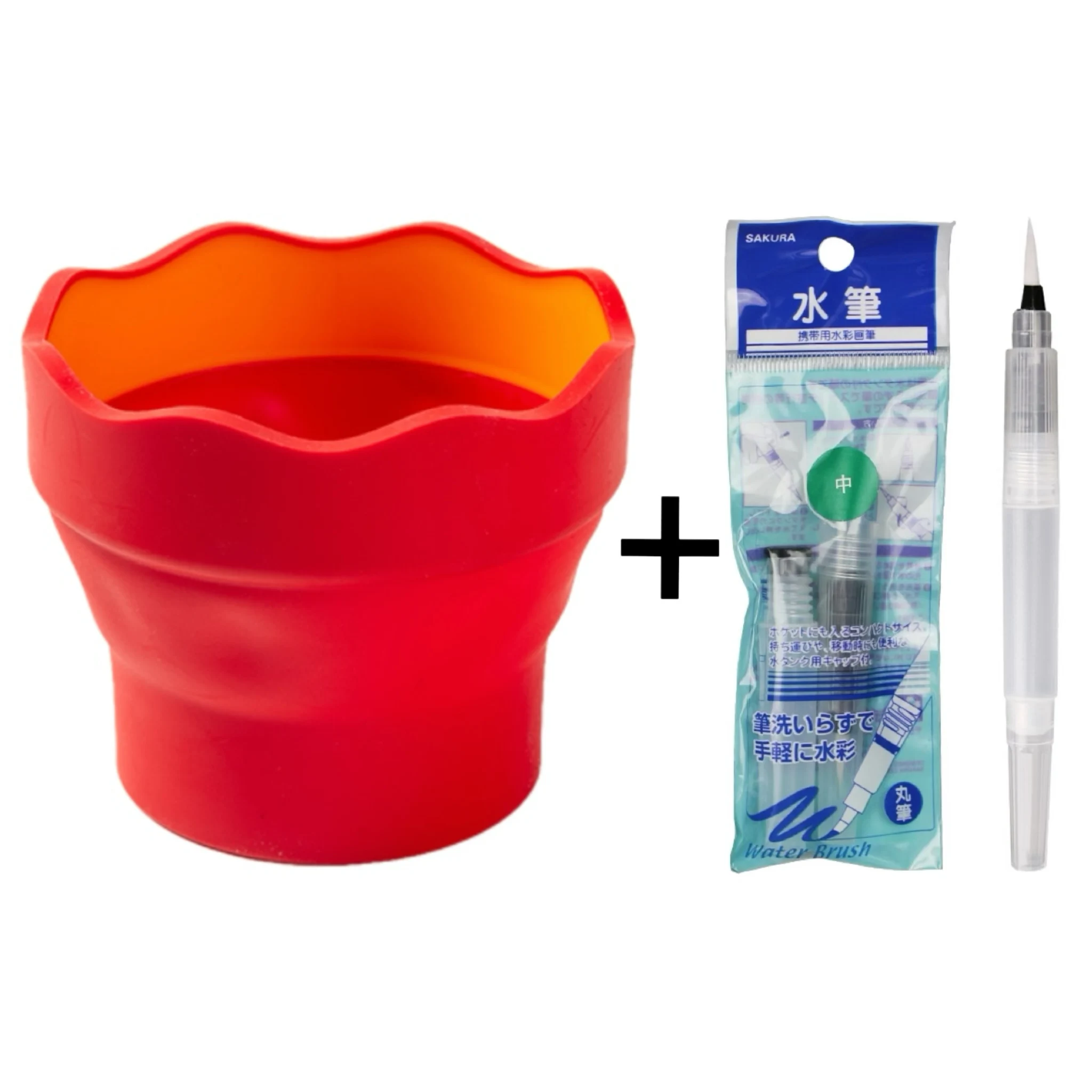 Faber-Castell Clic & Go opvouwbare mini-verfemmer met Sakura aquarelpenseel, verfwasbak, reinigingsmiddel en tekenbenodigdheden.