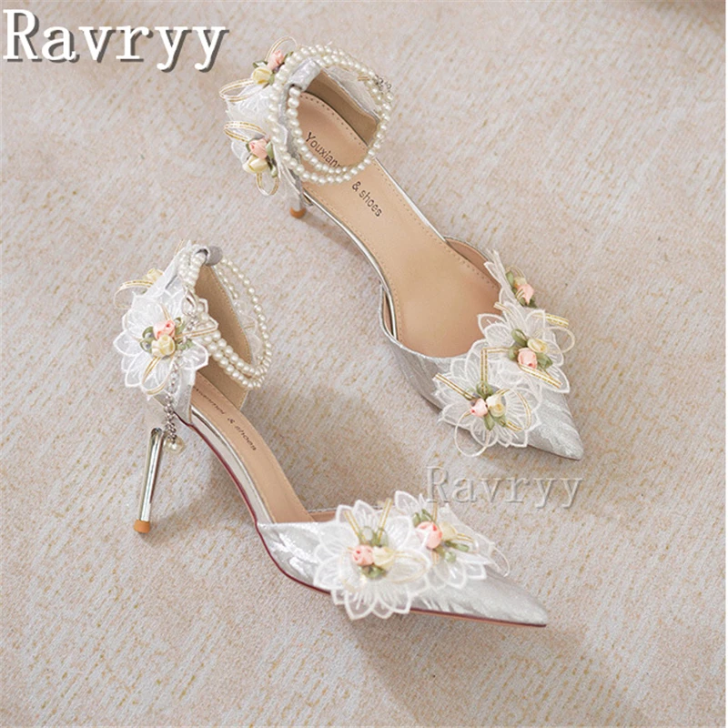 

Lace Flowers Gretel Pumps Pointed Toe Pearl Chain Ankle Straps Buckles Women Shoes Stiletto Heels Wedding Party Dress Sandal