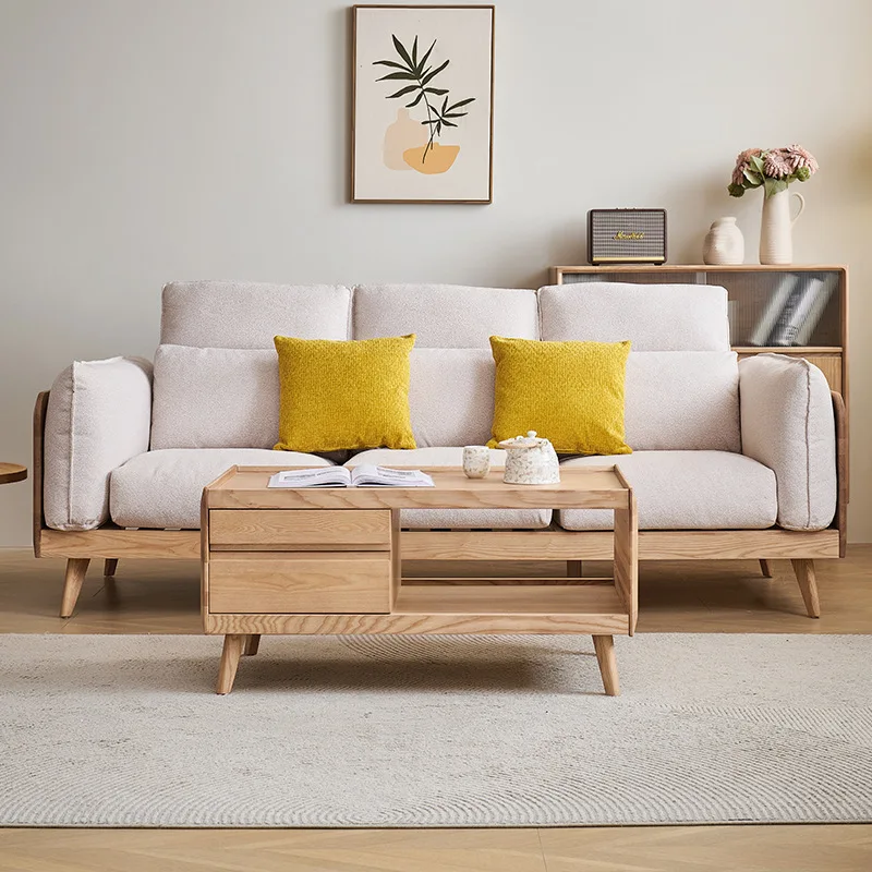 

All solid wood sofa modern simple living room new Chinese high-back cotton and linen small apartment inline fabric sofa