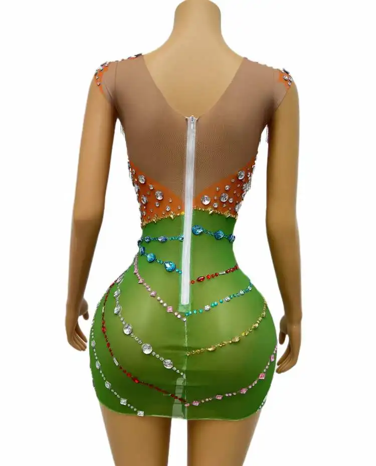 Abito elasticizzato con frange di strass verde per le donne senza maniche splendido abbigliamento da palcoscenico See Through DJ DS Gogo Drag Queen Costume