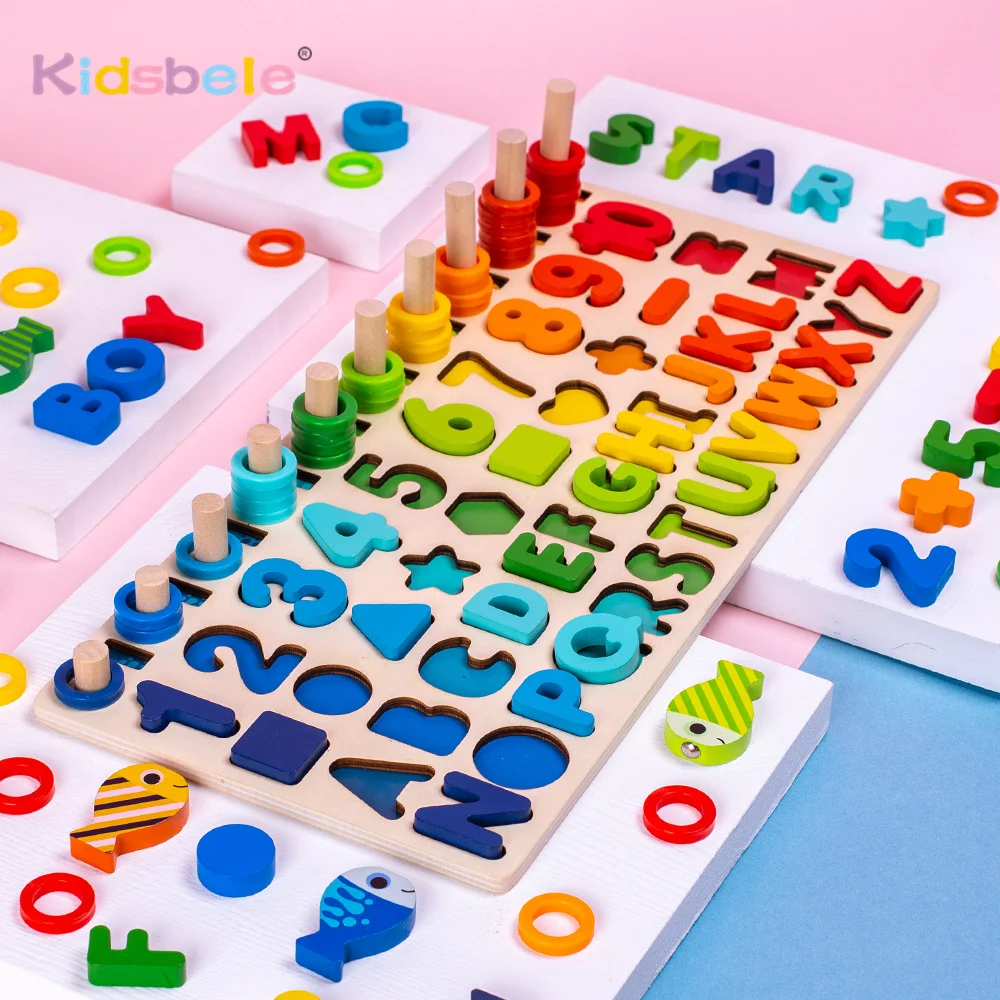 Wooden Puzzles Shape Sorter Montessori Toy Magnetic Fishing Game Counting Stacking Kids Preschool Alphabet Number Learning Toy