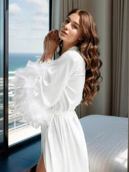 Robe de noiva com penas, vestido boudoir branco, longo, seda, renda de noiva, presentes de dama de honra, cetim, penas, guarnição, noiva, quimono