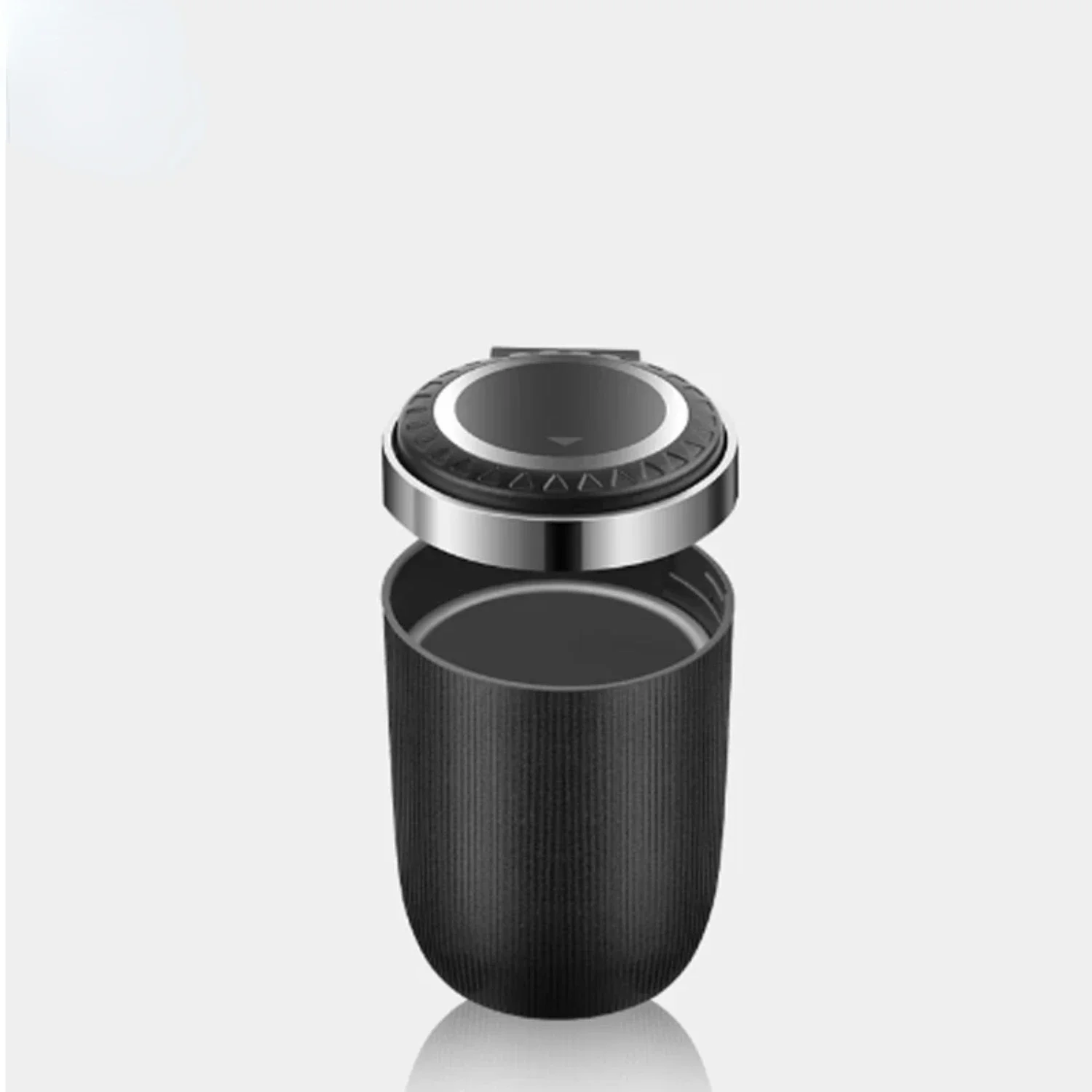 

Enhanced Ivory Ceramic Car Ashtray with Sleek Metal Liner and Soft Illumination for Brightly Lit Interior. Easy One-Button Open
