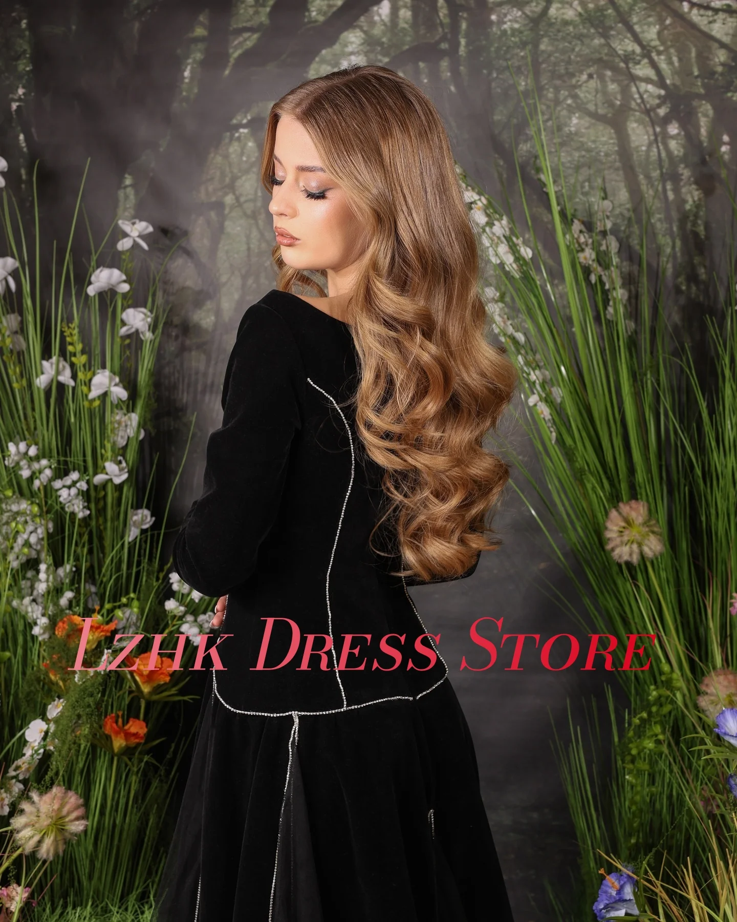 Robe de soirée trapèze en Organza moderne personnalisée, en cristal, de haute qualité, manches longues, col en v, longueur au sol, robes d'occasion spéciale