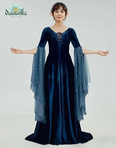 MEOWCOS Halloween Medieval Renaissance Costume Historical Retro Celtic Fairy Velvet Gown V-neck Lace-up Long Sleeves Dress