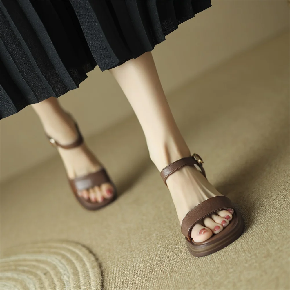 Taoffen Brand Casual Sandals Genuine Cow Leather Block Square Heel Women Roma Sandals Open Toe Retro Buckle Strap Lady Shoes