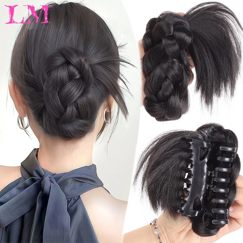 LM Natural Black Thick Braided Claw Clip Fake Hair Bun Handmade French Braid Chignon Hairpiece for Women Elegant Daily Styling