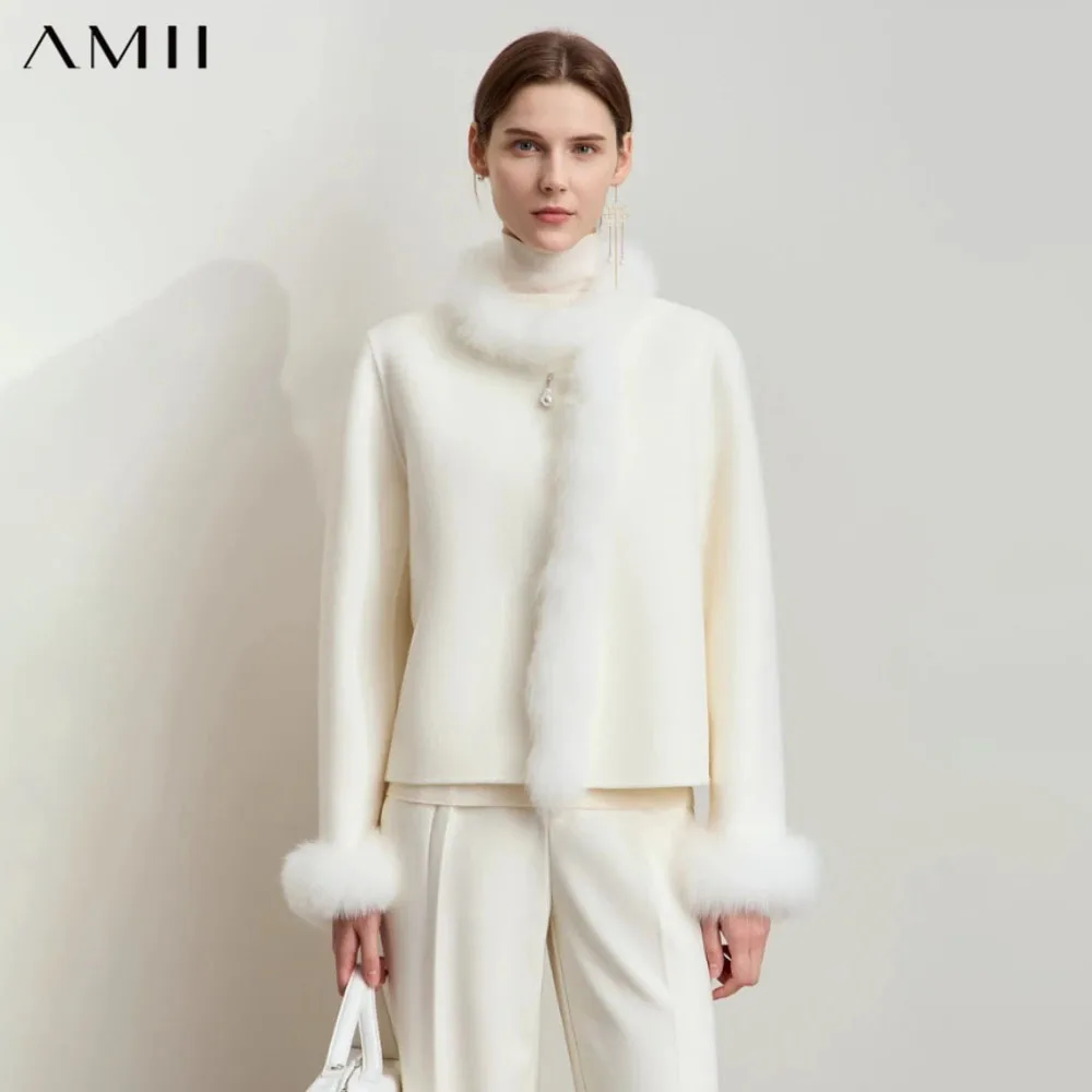 AMII Minimalist Double-sided Woolen Coat for Women 2026 Winter New Warm O-neck Long sleeve Elegant Women's Outerwear 12444082