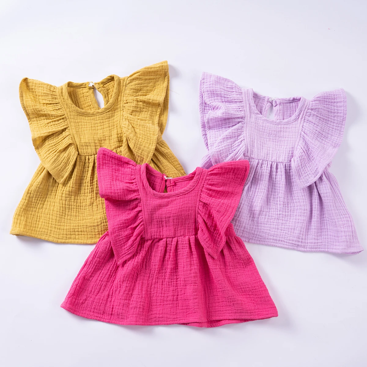 Summer Young Girls Vest Baby Solid Colour Small Fly Sleeve Top Casual Round Neck Breathable Sweet Three Colours To Choose From