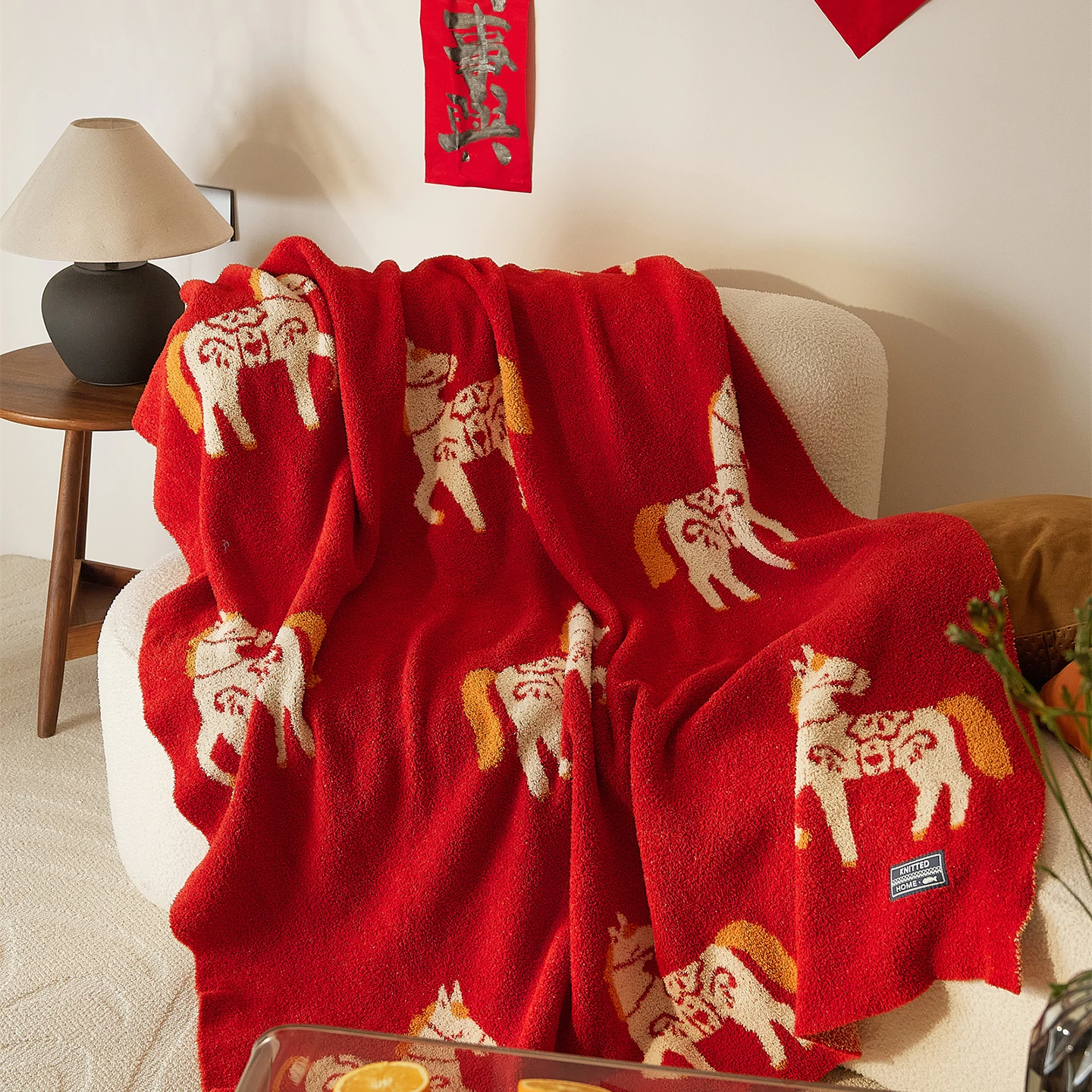 Year of the Horse Warm Knit Blanket Ultra-Soft Half-Pile Fabric Cozy Throw for Bedroom Sofa Car Giftable Comfort Blanket