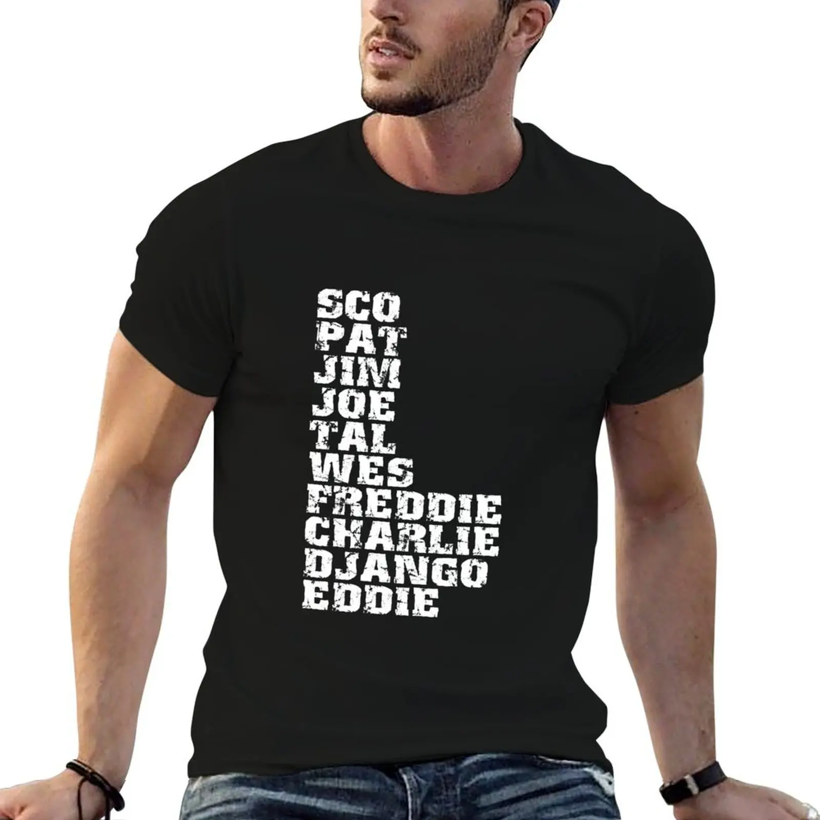 T-shirt décontracté résistant à l'eau avec liste des guitaristes de jazz célèbres et influents
