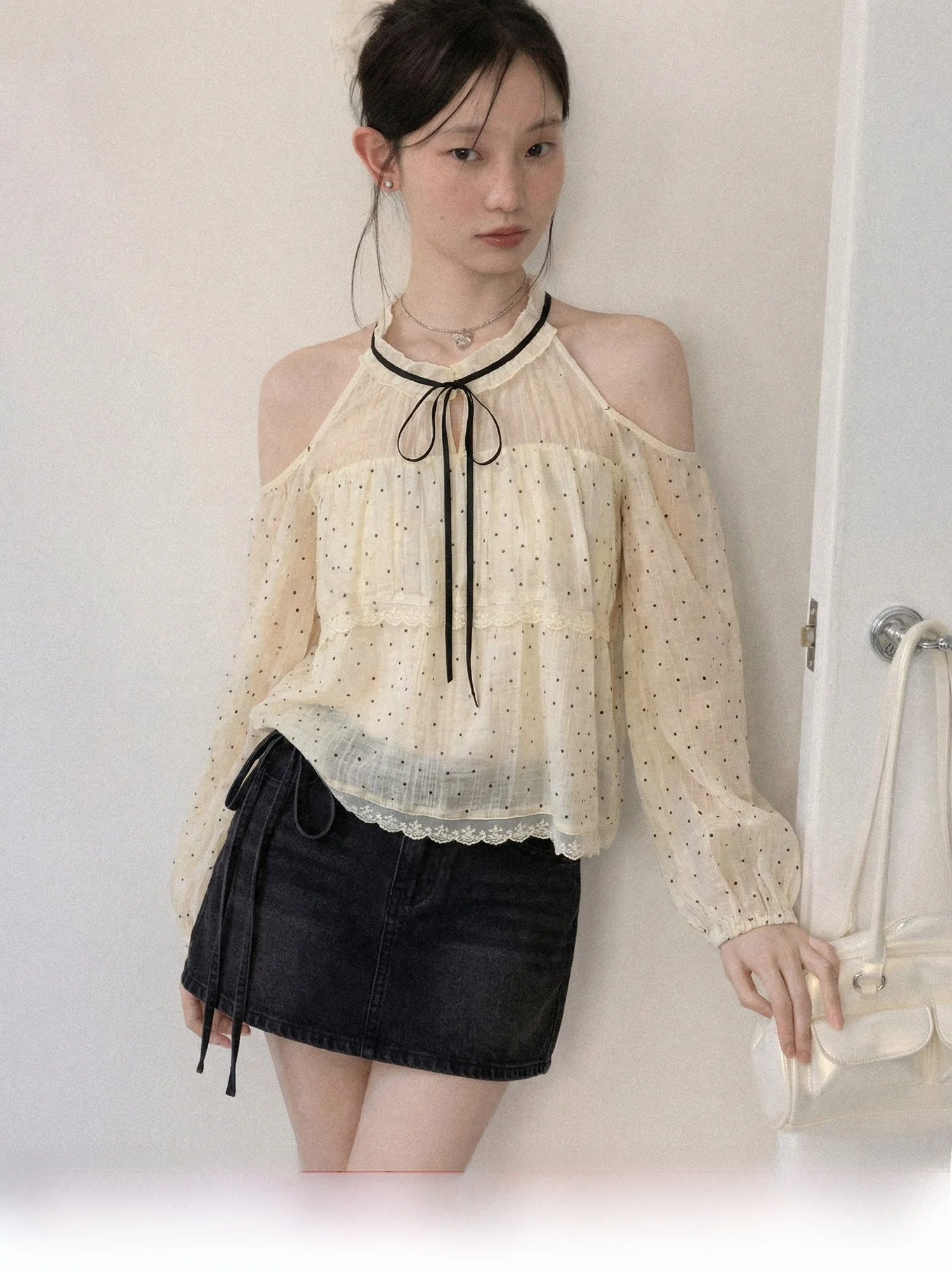 

Spring 2026 Unique Women's Long Sve Lace Polka Dot Ne Hanging oulder irt Casual Loose Fit Comfortable Breathable